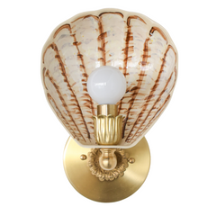 Hand-painted Coquille Sconce with soft cream powder-coated steel shell featuring brown and tan brushstroke detailing; vintage-inspired brass hardware with fluted socket cover and floral backplate, one-of-a-kind wall sconce