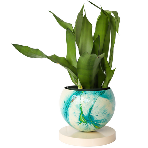 Large Cream, Teal, & Chartreuse Marbled Planter with Cream Base