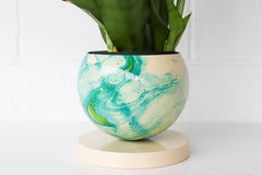 Large Cream, Teal, & Chartreuse Marbled Planter with Cream Base