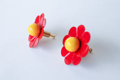 Red and yellow floral daisy drawer pull knob for mid century modern style decor