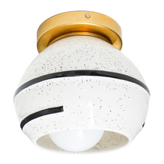 Ceramic flushmount ceiling light fixture with speckled glaze and black geometric lines