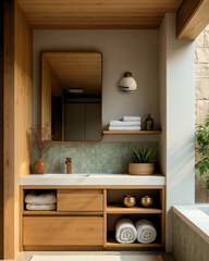Single Delta ceramic globe sconce with brass cap and black accent stripe mounted above a minimalist wood shelf in a spa-like bathroom, featuring light wood vanity with open shelving, stacked white towels, soft sage green tile backsplash, simple vessel vase and greenery, and abundant natural light creating a calm, modern retreat.