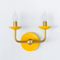 Yellow & Brass two light wall sconce with feminine scalloped details. Modern and colorful chinoiserie style wall light fixture.