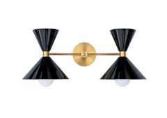 Black double cone wall sconce with brass arm and round brass backplate, a modern mid century inspired bathroom vanity light with two sculptural powder coated metal shades and exposed globe bulbs, bold colorful wall lighting for maximalist interiors, powder rooms, kids bathrooms, nurseries, and playful contemporary design.
