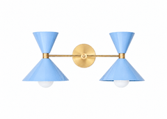 Pastel Blue & Brass double cone wall sconce with brass arm and round brass backplate, a modern mid century inspired bathroom vanity light with two sculptural powder coated metal shades and exposed globe bulbs, bold colorful wall lighting for maximalist interiors, powder rooms, kids bathrooms, nurseries, and playful contemporary design. Beautiful jewel-tone light fixture.