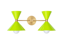 Neon Chartreuse & Brass double cone wall sconce with brass arm and round brass backplate, a modern mid century inspired bathroom vanity light with two sculptural powder coated metal shades and exposed globe bulbs, bold colorful wall lighting for maximalist interiors, powder rooms, kids bathrooms, nurseries, and playful contemporary design. Beautiful jewel-tone light fixture. Bright, colorful, weird and fun.