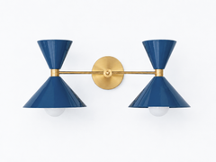moody grey-blue and brass two light large bathroom vanity wall sconce. Made in New orleans by sazerac stitches. Oversized two cone shaped-shades with brass hardware.  Perfectly punchy and colorful vanity light fixture for jewel box bathrooms, eclectic decor, and more. Masculine style large wall sconce