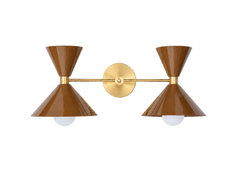 Luscious Chocolate Fudge Brown  & Brass double cone wall sconce with brass arm and round brass backplate, a modern mid century inspired bathroom vanity light with two sculptural powder coated metal shades and exposed globe bulbs, bold colorful wall lighting for maximalist interiors, powder rooms, kids bathrooms, nurseries, and playful contemporary design. Beautiful jewel-tone light fixture.