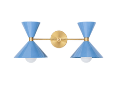 pastel blue and brass oversized mid-century modern wall sconce with cone shades. Great large bathroom vanity light that is in a soft blue.  beautiful bathroom vanity light.