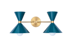 Bold jewel-toned lagoon and brass two light oversized bathroom wall sconce. Mid-century modern style wall sconce that is perfect for bold, colorful bathrooms, kids bathrooms, eclectic design, and more.  Fun way to introduce color to a bathroom or match wallpaper. Helps create a statement bathroom or powder room.