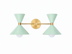 Mint green and brass oversized bathroom vanity light. Mid-century inspired with oversized green cone shades and brass hardware.  This is a bold bathroom light that can bring in color, match a wallpaper, make a kids bathroom look upscale, and more.