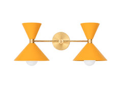 Bold Mustard and brass oversized mid-century modern style bathroom vanity wall sconce. Features two Large double cone shades with E26 sockets and brass details. The brass is raw brass meaning it is REAL brass and it can patina overtime. THis is a big, heavy light fixture that is made to last the test of time. Made in new orleans, la by sazerac stitches.