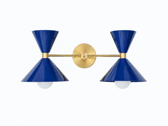 rich and jewel ton navy and brass and brass two light large bathroom vanity wall sconce. Made in New orleans by sazerac stitches. Oversized two cone shaped-shades with brass hardware.  Perfectly punchy and colorful vanity light fixture for jewel box bathrooms, eclectic decor, and more.