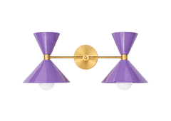 punchy pastel purple and brass oversized bathroom vanity light. Mid-century inspired with oversized green cone shades and brass hardware.  This is a bold bathroom light that can bring in color, match a wallpaper, make a kids bathroom look upscale, and more