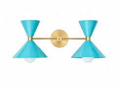 fun, tropical poolside blue and brass two light large bathroom vanity wall sconce. Made in New orleans by sazerac stitches. Oversized two cone shaped-shades with brass hardware.  Perfectly punchy and colorful vanity light fixture for jewel box bathrooms, eclectic decor, and more.