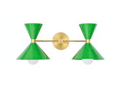 Spring green and brass oversized bathroom vanity light. Mid-century inspired with oversized green cone shades and brass hardware.  This is a bold bathroom light that can bring in color, match a wallpaper, make a kids bathroom look upscale, and more.