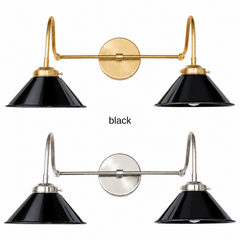 A black two-light gooseneck wall sconce with glossy cone shades, shown in Black with brass or nickel hardware. It has two curved gooseneck arms joined by a straight crossbar at a round backplate, so it sits wide like a vanity light. Hang it over a bathroom mirror, above a kitchen sink or window, or down a long hallway. Black and brass look sharp on white subway tile, marble, and dark green walls, so it suits modern farmhouse, industrial, and classic traditional rooms.