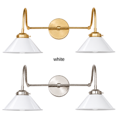 A white two-light gooseneck wall sconce with glossy cone shades, shown in White with brass or nickel hardware. It has two curved gooseneck arms joined by a straight crossbar at a round backplate, so it sits wide like a vanity light. Hang it over a bathroom mirror, above a kitchen sink, or down a hallway. White works with any wall color and pairs well with marble, beadboard, and natural wood, so it suits modern farmhouse, schoolhouse, and classic coastal rooms.
