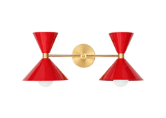 Red & Brass two light mid century modern wall sconce. oversized cone-shaped shades in 30+ colors.  Great for bathroom vanities. Large, colorful, and stylist. Easy to match with wallpaper. Great lighting for colorful bathrooms, bathrooms with kids, large lighting.