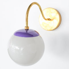 Brass and Purple Mid Century modern style wall sconce with white globe shade