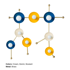 Studio photo of the Gemini One sconce in mustard yellow, denim blue, cream, and brass, arranged in the shape of the Gemini star constellation. White globe bulbs sit inside colorful circular discs connected by polished brass rods, giving the fixture a sculptural, celestial look. This zodiac-inspired wall light feels playful, artistic, and modern, perfect for maximalist interiors, kids rooms, creative studios, colorful powder rooms, astrology lovers, and eclectic homes that use lighting as wall art.