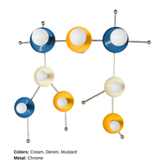 Studio photo of the Gemini One sconce in mustard yellow, denim blue, cream, and chrome, arranged in the shape of the Gemini star constellation. White globe bulbs sit inside colorful circular discs connected by polished chrome rods, giving the fixture a sculptural, celestial look. This zodiac-inspired wall light feels playful, artistic, and modern, perfect for maximalist interiors, kids rooms, creative studios, colorful powder rooms, astrology lovers, and eclectic homes that use lighting as wall art.
