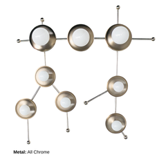 The Gemini One Sconce in Chrome is a sculptural wall light inspired by the Gemini star constellation, combining celestial influence with a clean modern silhouette. This studio product photo highlights the polished chrome finish, branching linear form, and globe bulbs arranged in a constellation-like composition that feels both playful and architectural. Its design makes it a strong fit for modern interiors, contemporary spaces, kids’ rooms, nurseries, playrooms, bedrooms, and statement hallways. Great searc