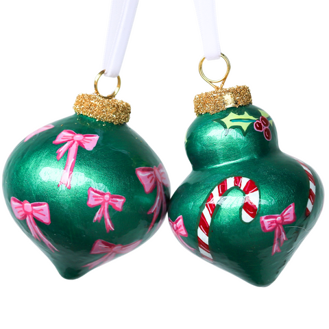 Green & Pink Bows and Candy Cane Painted Ornaments Set