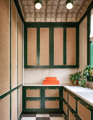 Butler’s pantry with dark green shaker cabinets and cane-front doors, brass latches, marble countertop, checkerboard floor, and vine-patterned wallpapered ceiling, illuminated by a pair of Sazerac Stitches Abeille flushmount ceiling lights in green with white globe bulbs; compact low-profile fixtures that suit pantries, mudrooms, and laundry rooms; natural light, potted greenery, and stacked orange boxes add contrast.