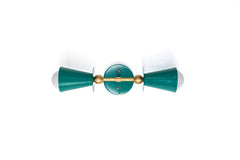 Statement Janus wall light in mermaid green and brass with glossy powder coated cone shades, sculptural geometric sconce with mid century modern vibes that reads fun and funky, ideal for an eclectic bathroom vanity, hallway, or bedroom wall.