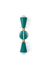 Mermaid green Janus double wall sconce with brass hardware, two cone shades and globe bulbs on a vertical stem, glossy powder coated modern wall lighting with mid century modern silhouette for a maximalist entryway, hallway, bedroom, or bathroom vanity.