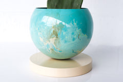 Large Teal, Aqua, Cream, & Gold Marbled Planter with Cream Base