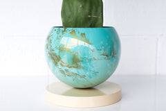Large Teal, Aqua, Cream, & Gold Marbled Planter with Cream Base