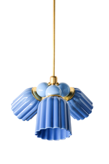 A bottom-up view of the Marcella Small Chandelier, showing all of its fluted, scalloped cone shades fanned out symmetrically in deep periwinkle blue around the brass center and the lighter hydrangea blue glass balls. This angle gives the clearest sense of the fixture’s full silhouette once installed, a soft, collected look for a nursery, breakfast nook, or coastal-leaning powder room.