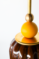 Chicory brown ceramic pendant light with ribbed shaped, celadon style glaze. Modern hand-made pendant light inspired by art deco design.  With a matte mustard ball and brass hardware.  Beautiful ceramic pendant light for bathrooms, small rooms, kitchens, and more. 