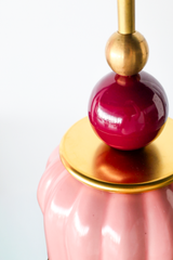 soft pastel Chinoiserie Pink ceramic ceiling pendant with brass hardware and a black cherry powdercoated ball. Inspired by art deco glass with updated modern accents. This beautiful pendant light adds color and shape to any space. 