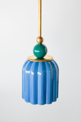 pastel light blue celadon-style glazed ribbed pendant light with mermaid green powdercoated ball and brass hardware.  Art deco inspired pendant light fixture. Made in New Orleans by Sazerac Stitches. Mermaid green is similar to emerald green. 