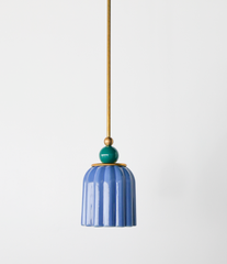 pastel light blue celadon-style glazed ribbed pendant light with mermaid green powdercoated ball and brass hardware.  Art deco inspired pendant light fixture. Made in New Orleans by Sazerac Stitches. Mermaid green is similar to emerald green. 