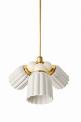 A small chandelier in a tonal cream palette, with matte, fluted ceramic cone shades and glossy cream connector balls on brass hardware. The finish contrast between matte and glossy does the visual work here instead of color, a quiet, elegant pick for a traditional dining room, a transitional entry, or any space that wants texture and shape without adding another color to the room.