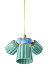 A small chandelier with glossy, glazed fluted ceramic cone shades in jade green, paired with soft celestial blue connector balls and brass hardware. The cool sky blue brings an unexpected, fresh contrast against the saturated green, a lively pairing for a garden room, a coastal-leaning dining space, or anywhere that wants real color with a bit of surprise.