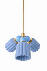 A monochromatic blue chandelier for the Southern traditional and coastal crowd. The Marcella Small Chandelier pairs three fluted, scalloped ceramic shades in dusty matte blue with a cluster of celestial blue glass globe bulbs and brass hardware, a tonal combination that feels calm, classic, and a little Chinoiserie. A strong pick for a nursery, bathroom, or bedroom that wants color without a lot of contrast.
