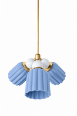 A soft blue chandelier with the quiet confidence of an old-house hallway. The Marcella Small Chandelier pairs three fluted, scalloped ceramic shades in a dusty matte blue with a cluster of white glass globe bulbs and brass hardware, a classic coastal traditional combination that feels collected rather than themed. A natural fit for a nursery, bathroom, or breakfast nook that wants color without going bold.