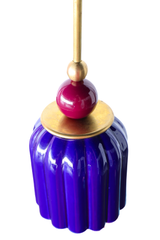 bright blue glazed ceramic shade with black cherry powdercoated ball and brass hardware. Colorful art deco style pendant light by Sazerac stitches