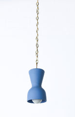 bright blue and brass chained ceramic pendant lighting fixture. Made in the USA hand-cast tinted porcelain pendant kitchen light with real raw brass chain.  Beautiful unglazed porcelain ceramic pendant ceiling light fixture. Matte blue porcelain chinoiserie inspired pendant light fixture.