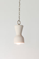 Cream and brass chained ceramic pendant lighting fixture. Made in the USA hand-cast tinted porcelain pendant kitchen light with real raw brass chain.  Beautiful unglazed porcelain ceramic pendant ceiling light fixture. 