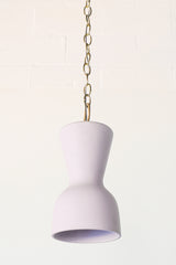 Pastel purple and brass chained ceramic pendant lighting fixture. Made in the USA hand-cast tinted porcelain pendant kitchen light with real raw brass chain.  Beautiful unglazed porcelain ceramic pendant ceiling light fixture. 