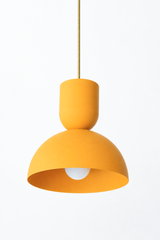 All Mustard & brass bold geometric pendant light with a dome shade. Matte finish. Great kitchen pendant light. Good for small spaces or small dining tables. Bold, mid-century modern style pendant light that is great for maximalists or eclectic style decor. 