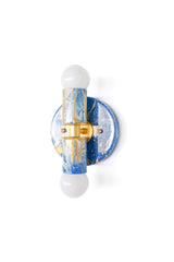 Detail shot of Mediterranean Blue, Cream & Gold marbling across the Thalia sconce’s glossy surface. The mix of bright blue and warm metallic notes creates a lively, coastal-meets-maximalist vibe that pairs beautifully with tile or wallpaper.