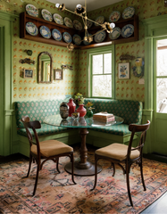Vintage-inspired green breakfast nook with patterned wallpaper, built-in banquette seating, antique rug, and round glass dining table beneath a brass multi-arm modern chandelier. The eclectic corner dining space features mismatched wooden chairs, decorative wall plates, and colorful vases for a cozy, maximalist interior design look.