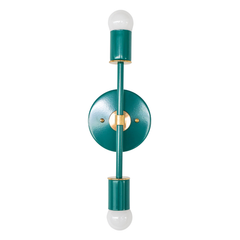 Front-facing product photo of the Medium Thalia Sconce in Mermaid Green with brass hardware, shown against a clean white background. The slim vertical shape, round backplate, exposed globe bulbs, and glossy green finish give this two-light wall sconce a colorful modern vintage feel. It is a great fit for bathroom mirrors, small powder rooms, kids bathrooms, jewel-tone interiors, and homes that mix classic brass details with bold color.